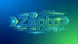 Zepto text in glowing, futuristic font with circuit-like lines and arrows on a blue-green gradient background.