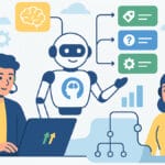 Illustration of a man and woman using laptops with headsets, assisted by a robot displaying various information icons.