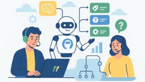 Illustration of a man and woman using laptops with headsets, assisted by a robot displaying various information icons.