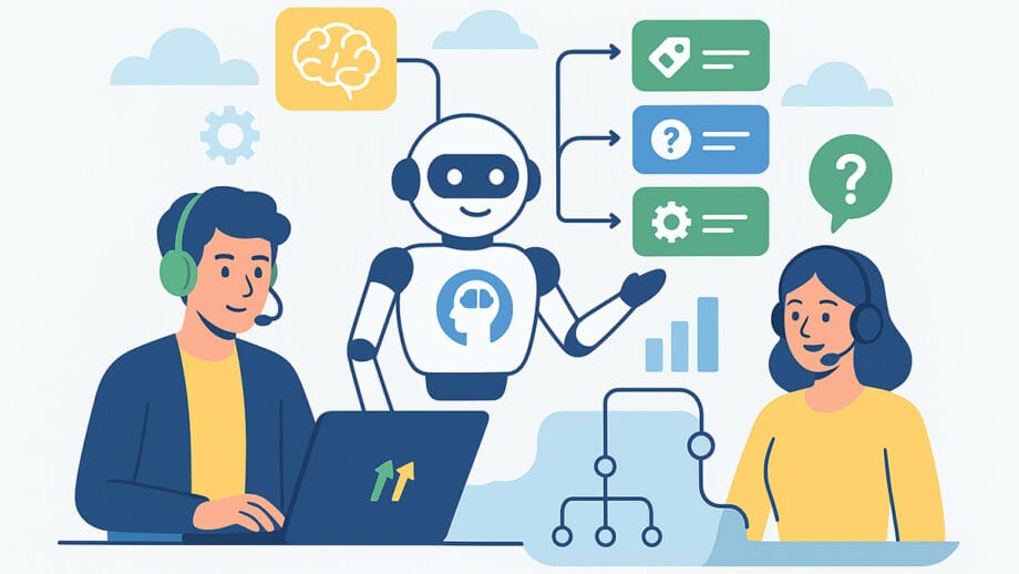 Illustration of a man and woman using laptops with headsets, assisted by a robot displaying various information icons.