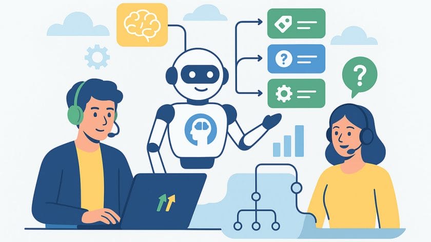 Illustration of a man and woman using laptops with headsets, assisted by a robot displaying various information icons.