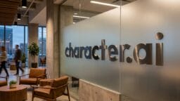 A modern office lounge area with brown chairs and a frosted glass wall displaying the character.ai logo.