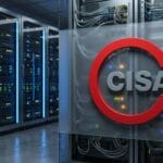 A glass wall with a red CISA logo in front of server racks in a data center.