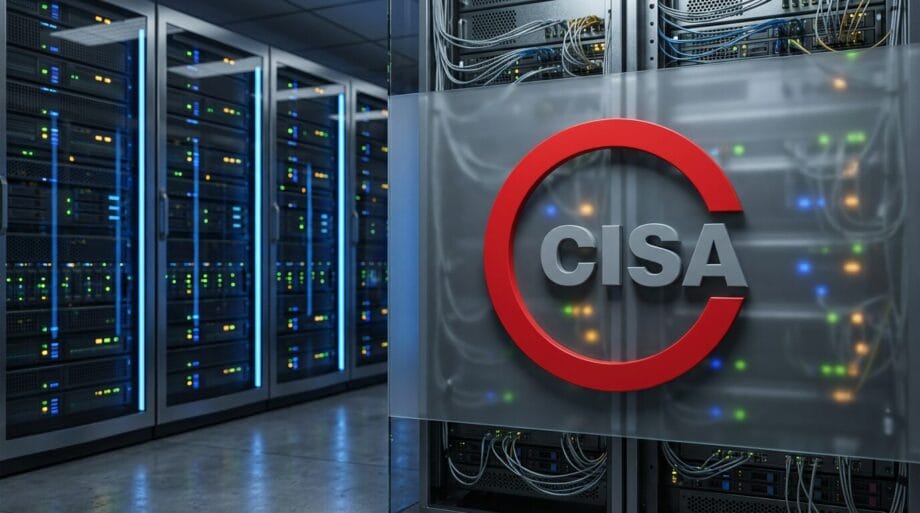 A glass wall with a red CISA logo in front of server racks in a data center.