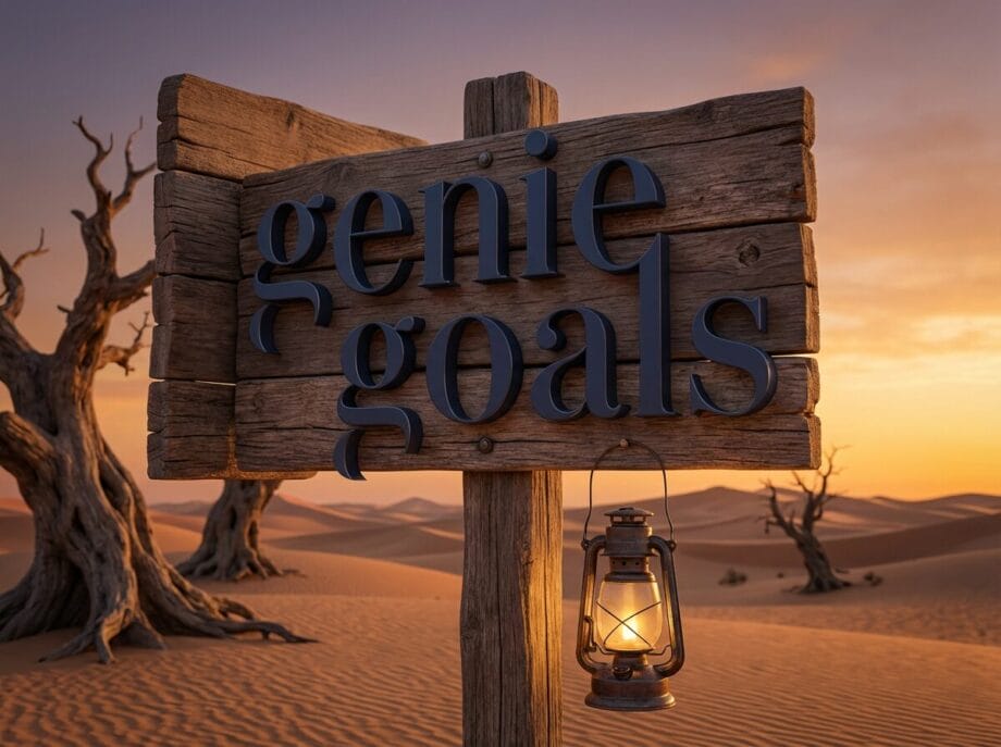 A wooden sign reading genie goals stands in a desert with sand dunes, a lantern, and leafless trees at sunset.