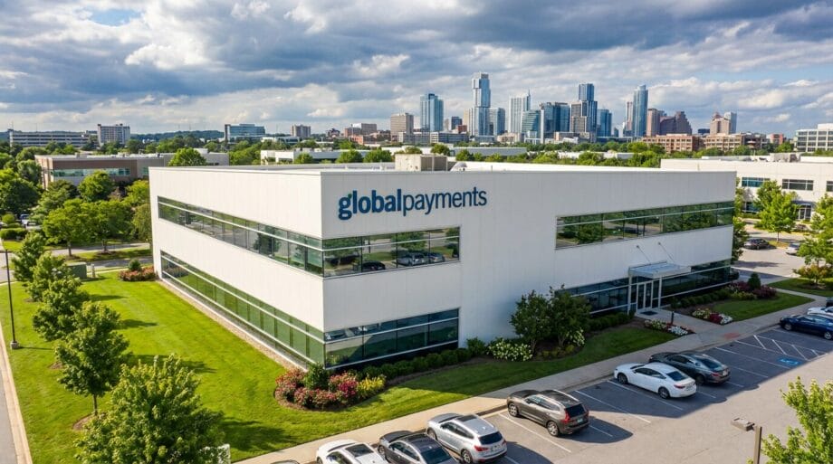 A white office building with global payments signage, surrounded by parked cars and greenery, with a city skyline in the background.