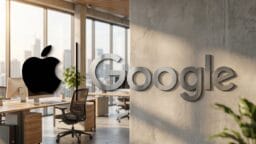 A modern office with the Apple logo on a glass wall and a concrete wall displaying the Google logo in metallic letters.
