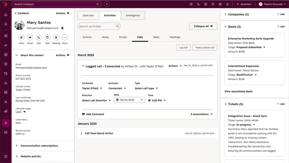 A HubSpot CRM dashboard shows contact details for Mary Santos, call logs, recent activities, and associated marketing and sales records.