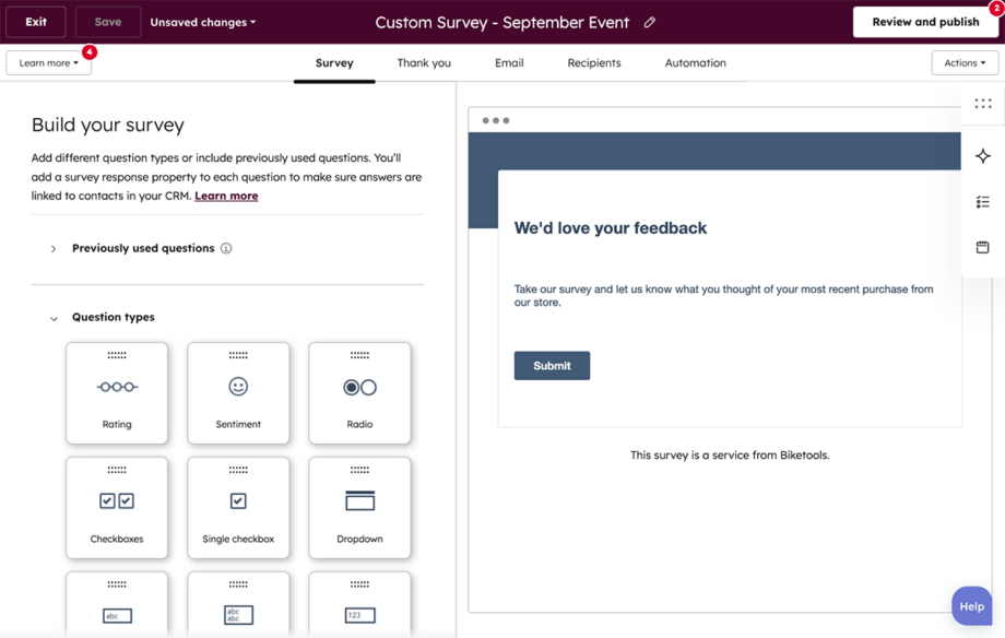 A HubSpot survey builder interface displays question types on the left and a feedback form preview on the right with a submit button.