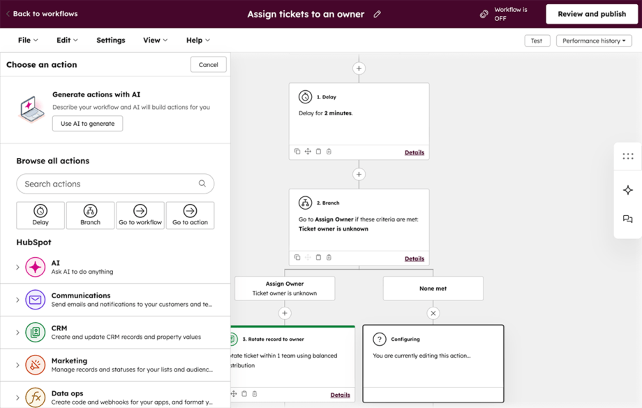 A HubSpot workflow automation interface displays options for assigning tickets, with actions and steps shown in a flowchart layout.