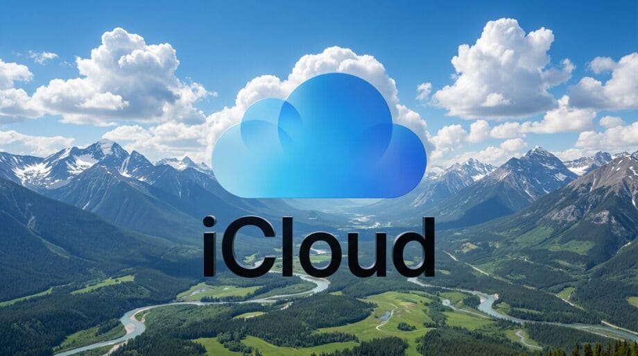 A blue iCloud logo with text is centered over a scenic mountain landscape with rivers, trees, and a partly cloudy sky.