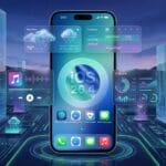 A smartphone screen shows iOS 26.4 with weather, calendar, music, and health widgets in a futuristic digital environment.