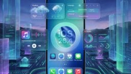 A smartphone screen shows iOS 26.4 with weather, calendar, music, and health widgets in a futuristic digital environment.