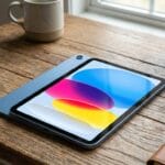 A tablet with a colorful screen rests on a wooden desk near a mug, a potted succulent, and a closed notebook by a window.