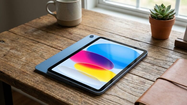 A tablet with a colorful screen rests on a wooden desk near a mug, a potted succulent, and a closed notebook by a window.