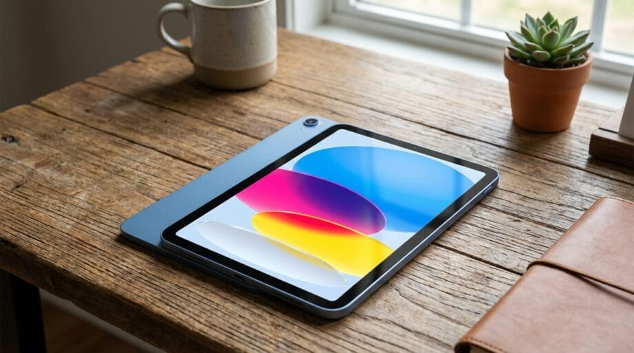 A tablet with a colorful screen rests on a wooden desk near a mug, a potted succulent, and a closed notebook by a window.