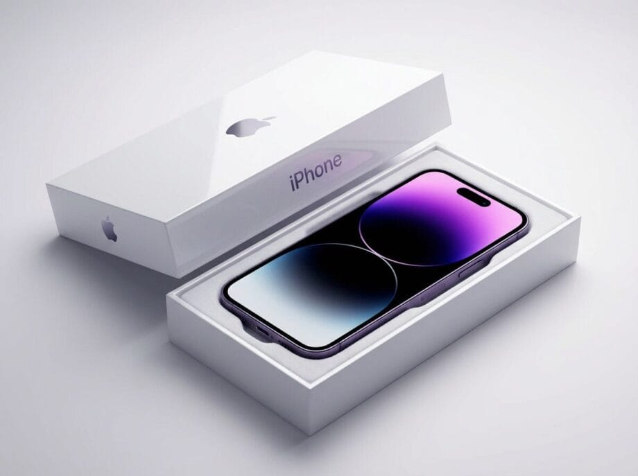 A new iPhone with a gradient screen is displayed inside an open white Apple box on a light background.