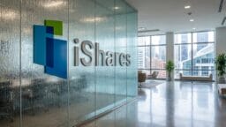 Modern office lobby with iShares logo on a frosted glass wall, featuring large windows and city buildings in the background.