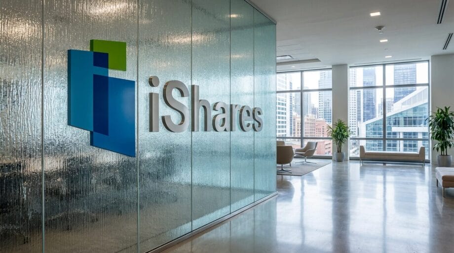 Modern office lobby with iShares logo on a frosted glass wall, featuring large windows and city buildings in the background.