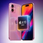 A pink smartphone with dual rear cameras and a display showing a colorful screen, next to a graphic of an Apple A19 Pro chip.