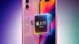 A pink smartphone with dual rear cameras and a display showing a colorful screen, next to a graphic of an Apple A19 Pro chip.