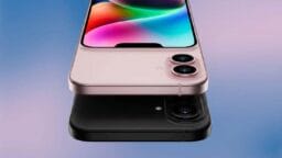 Two smartphones, one pink and one black, stacked on top of each other, showing their rear cameras and colorful display screens.