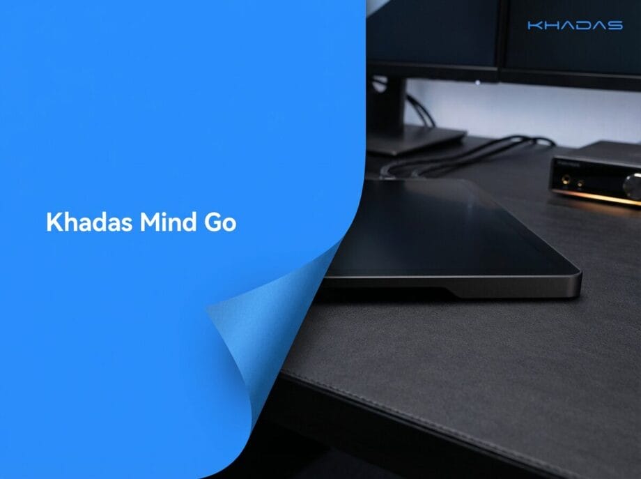 A Khadas Mind Go computer on a desk next to monitors and other electronic devices, with Khadas Mind Go text on a blue overlay.