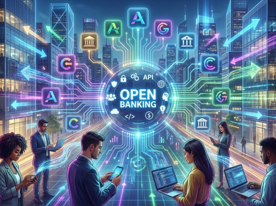 People using digital devices in a city, connected by neon lines to a central Open Banking hub with various financial app icons.