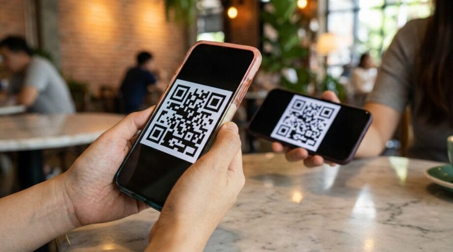 Two people holding smartphones displaying QR codes over a marble table in a caf&eacute; setting.