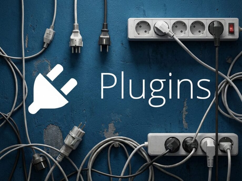 Multiple power cords plugged into outlets on a blue wall, with the word &ldquo;Plugins&rdquo; and a plug icon displayed on the left side.