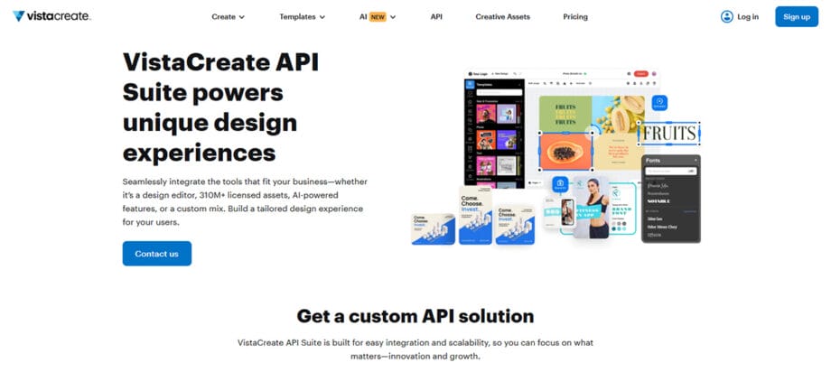 Screenshot of the VistaCreate API webpage showcasing integration options and various design templates on digital devices.
