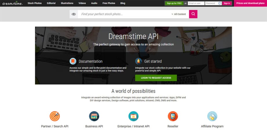 Screenshot of the Dreamstime API webpage featuring documentation, access options, and integration program icons on the homepage.
