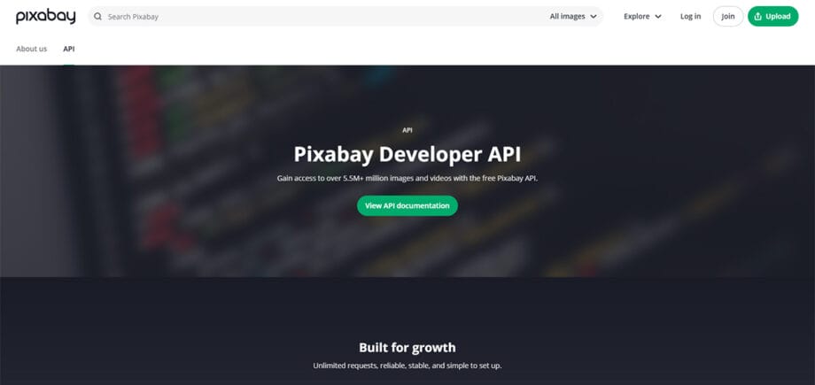 Screenshot of the Pixabay Developer API webpage, highlighting access to over 3 million images and a button to view API documentation.