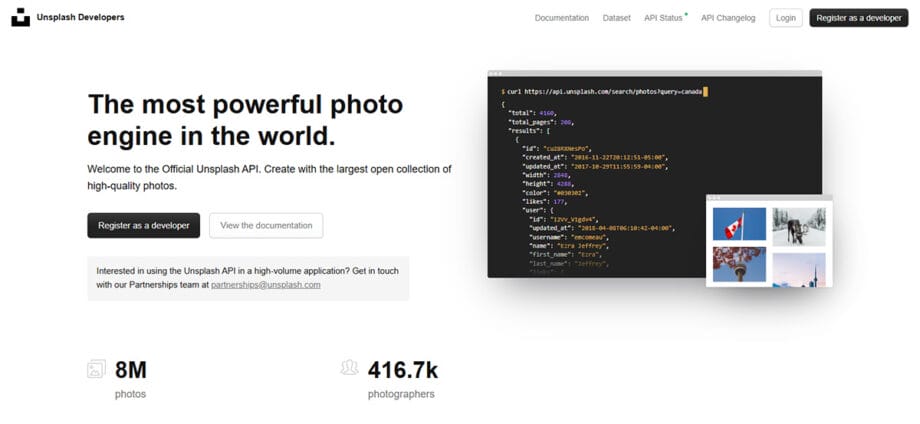 Unsplash Developers webpage showing a code snippet, a photo preview, and stats: 8M photos and 416.7K photographers.