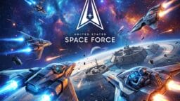 Futuristic spacecraft fly near space stations with the United States Space Force logo and a colorful cosmic background.