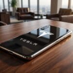 Smartphone with a Tesla logo on the back rests on a wooden desk in a modern office with city views.