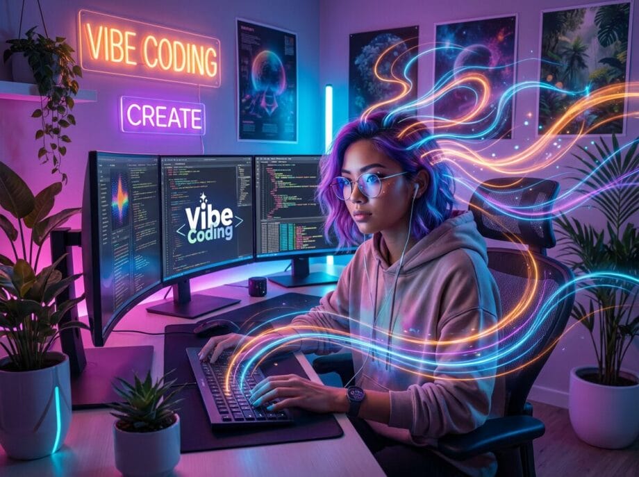 A woman with colorful hair codes at a multi-monitor setup in a neon-lit room, with digital effects swirling around her.