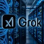 Rows of server racks with blue cables and the Grok AI logo glowing in the center of a data center.