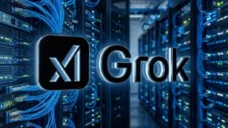 Rows of server racks with blue cables and the Grok AI logo glowing in the center of a data center.