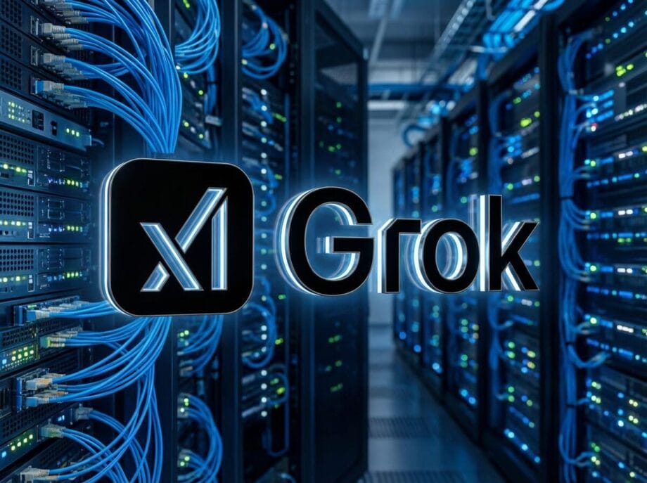 Rows of server racks with blue cables and the Grok AI logo glowing in the center of a data center.