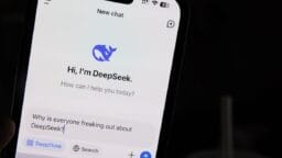 A smartphone screen displays a chat with DeepSeek, showing the message: “Why is everyone freaking out about DeepSeek?”.