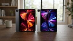 Two Apple iPad Pro tablets with colorful screens sit side by side on a wooden table in front of a window.