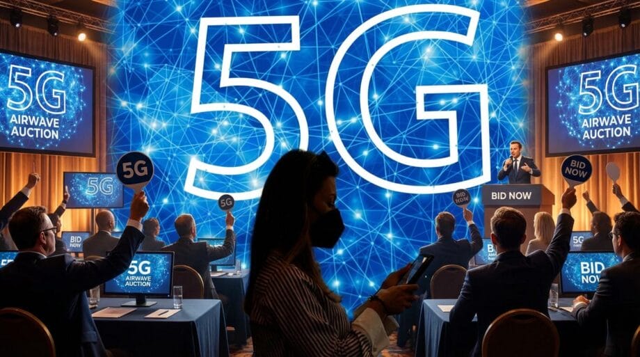 People at an auction raise paddles labeled 5G in front of a large digital display reading 5G Airwave Auction.