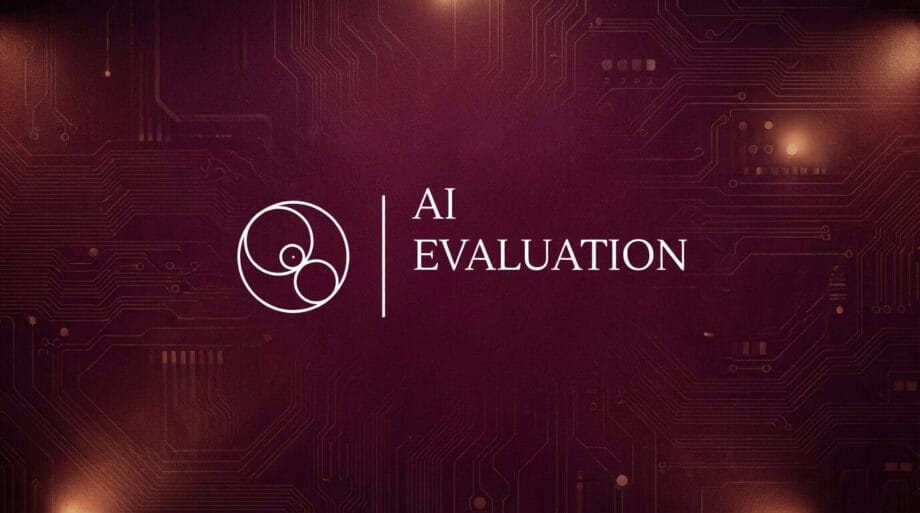 A maroon background with circuitry patterns, a circular symbol, and the text AI Evaluation in white.