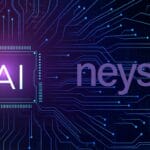 A digital graphic showing a circuit board background with a glowing AI chip next to the text neysa.