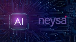 A digital illustration showing a microchip with AI and the word neysa on a circuit board background with glowing lines.