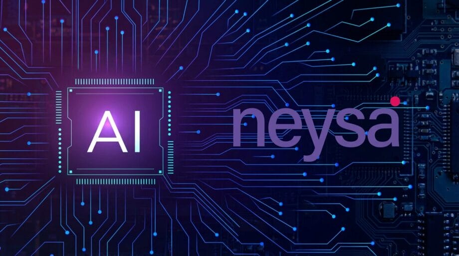A digital graphic showing a circuit board background with a glowing AI chip next to the text neysa.