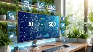A modern desk with a computer displaying AI + SEO, surrounded by digital marketing and social media icons, with plants in the background.