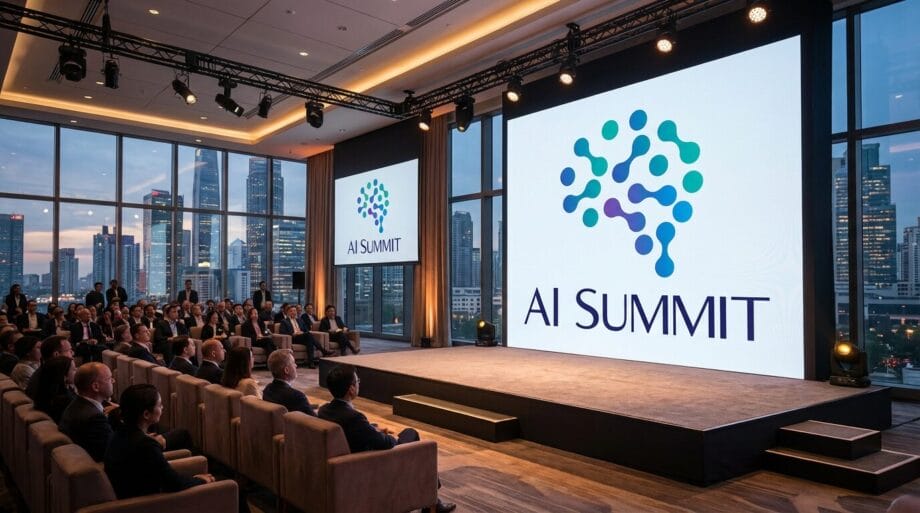 People seated in an event hall watching a presentation at the AI Summit, with large screens displaying the event logo.
