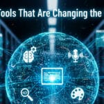 A digital globe with AI-related icons and text reading “AI Tools That Are Changing the Web,” set against a server room background.